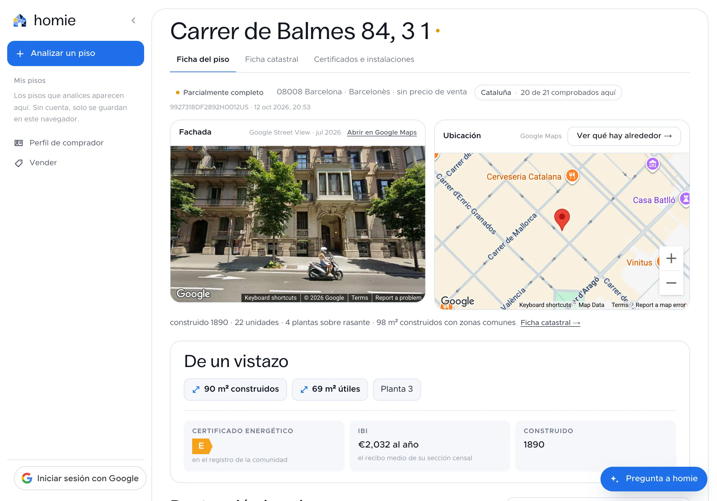 El informe de homie de Carrer de Balmes 84: Ficha del piso